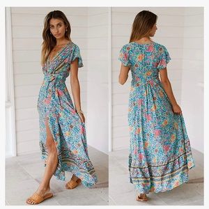 Ecowish Bohemian Wrap Dress high split Maxi Dress.